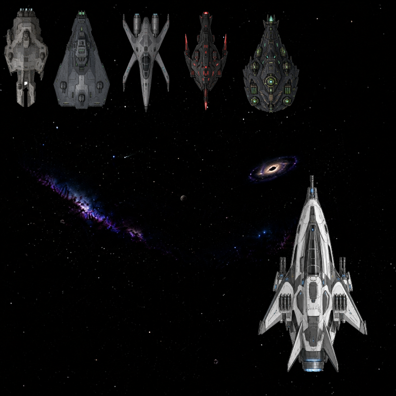 Spacecraft artwork arranged against a star field
