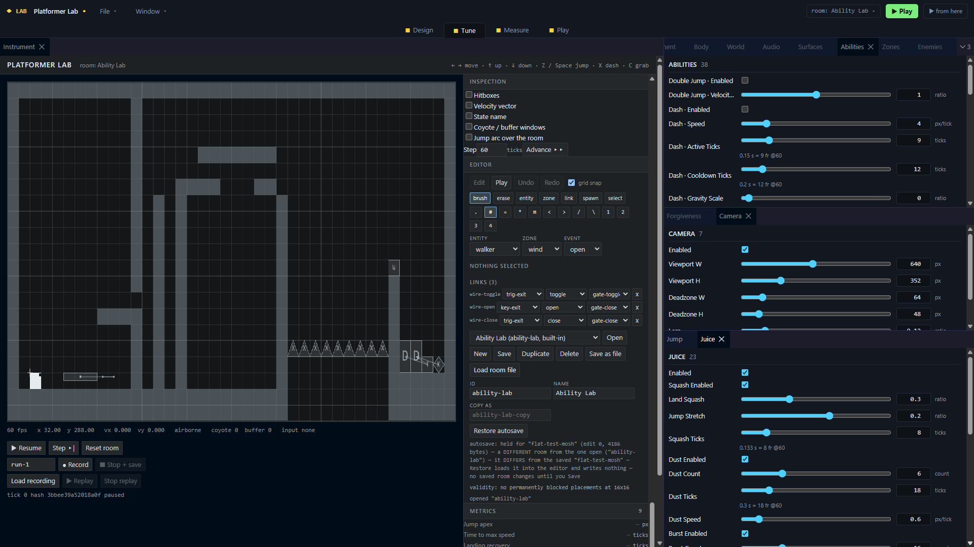 Platformer Lab room editor with ability, camera and visual feedback controls