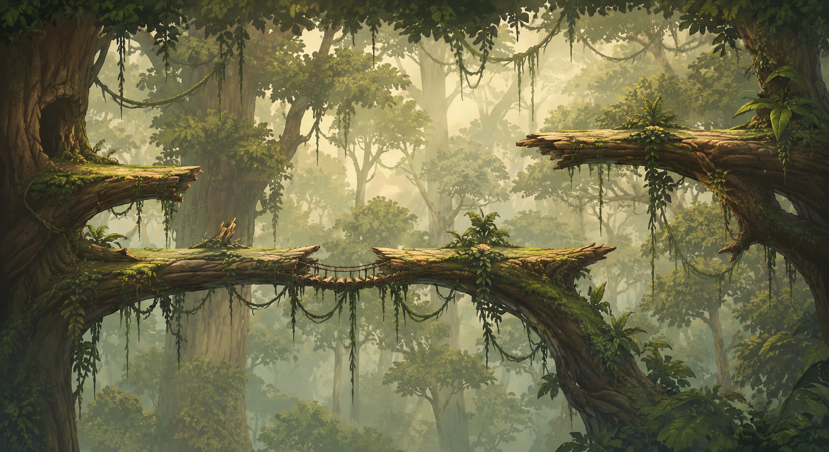 Forest concept art with layered branches and a rope bridge