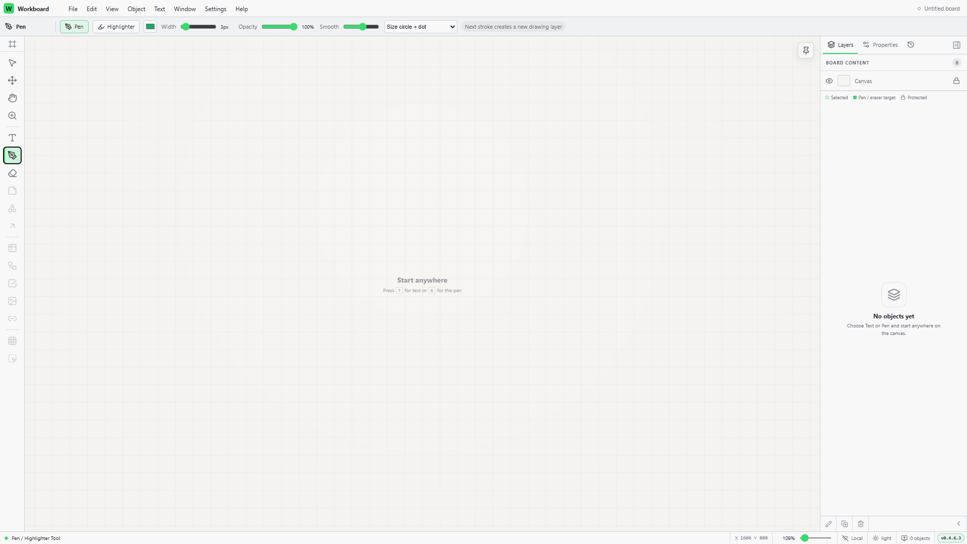 WorkSpace in its light theme with pen controls and a blank canvas