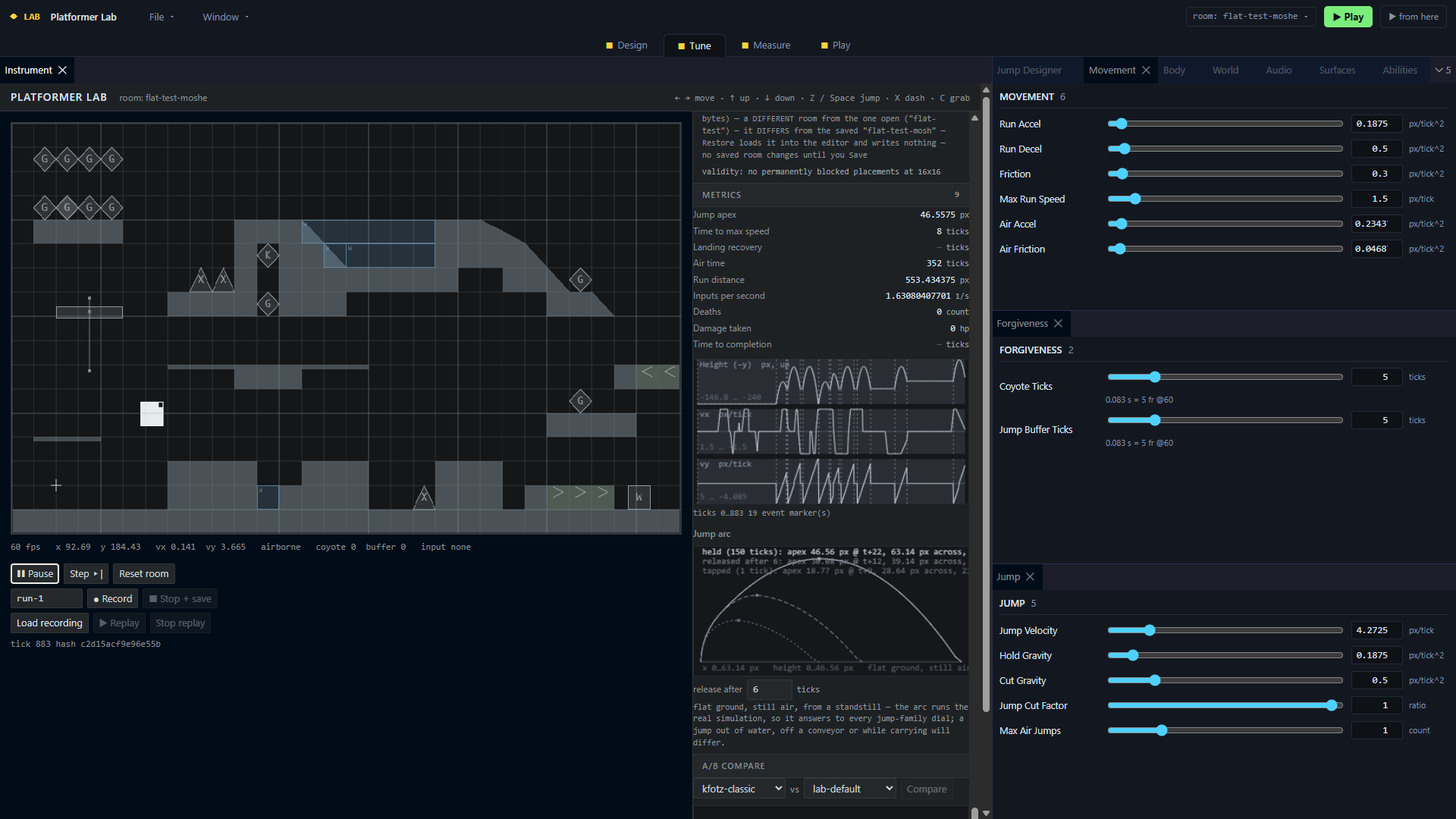 Platformer Lab movement controls beside a test room, live graphs and jump measurements