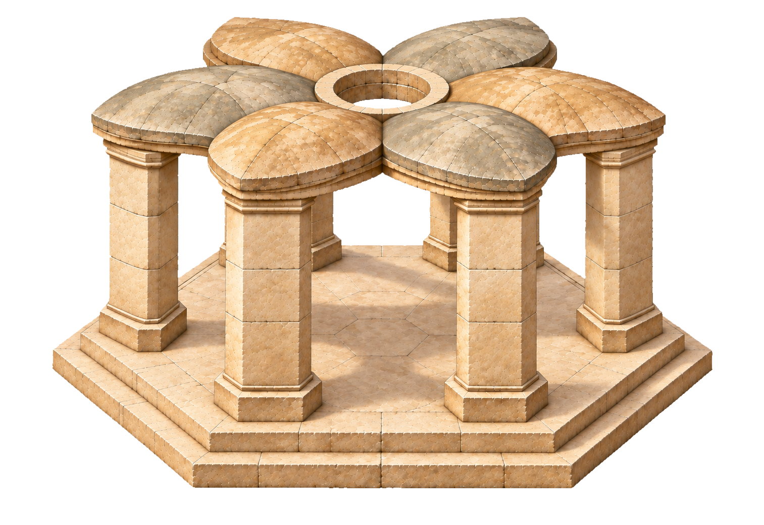 Six stone pillars supporting an ancient flower-shaped roof, without vegetation.