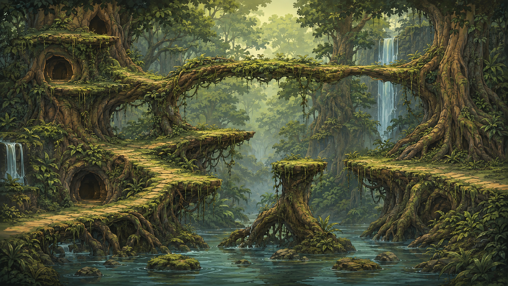 Wetland concept art with tree hollows, layered paths and waterfalls